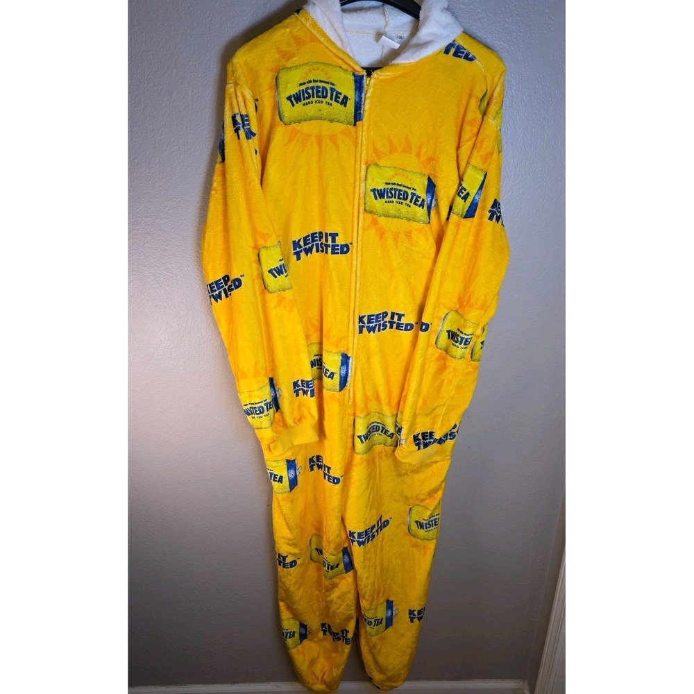 Twisted Tea Hooded Pajama Fleece 1 Piece Body Suit Yellow Adult XLarge